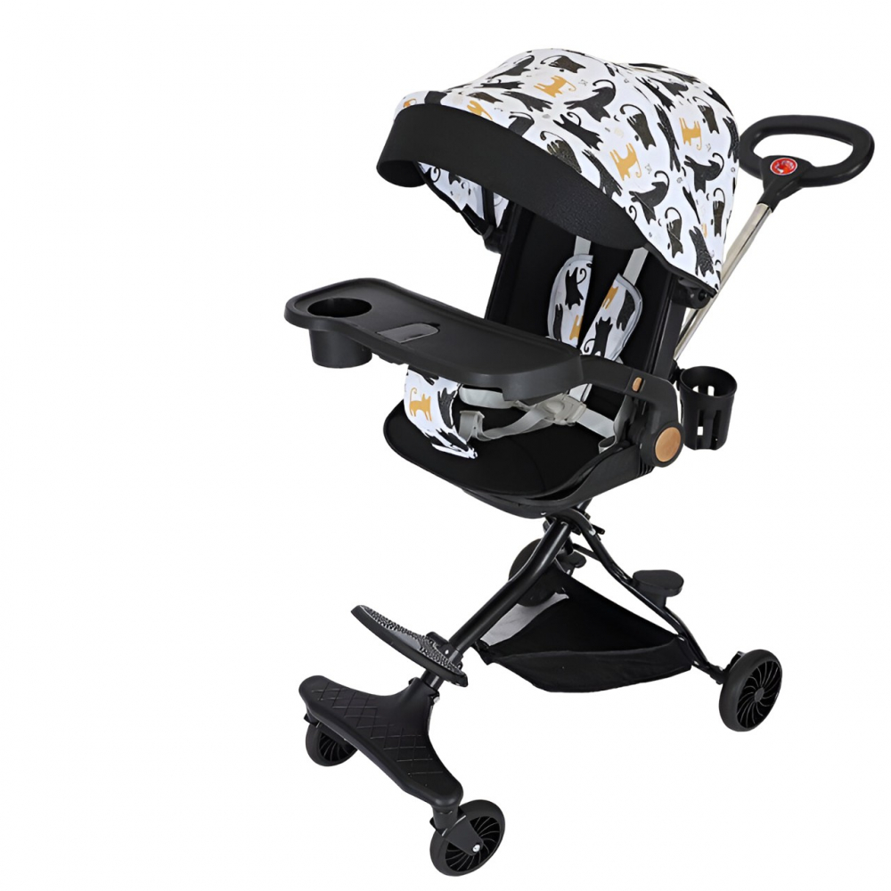 Carucior Sport 3in1 Reversibil, Pliabil, Cu Tavita pentru Masa, Pozitie de Somn, Roti 360, Negru [2]