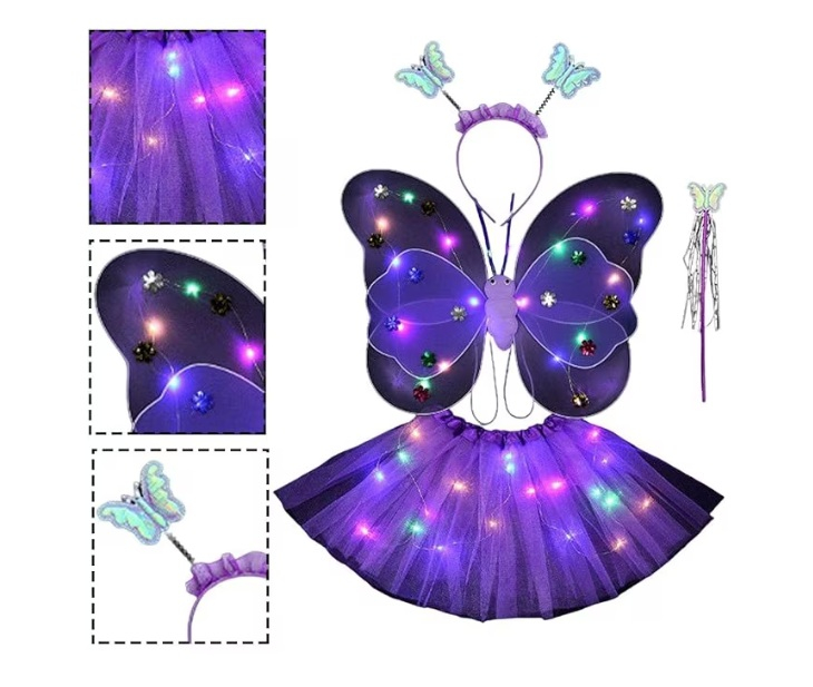 Costum Fluturas cu Aripi Modelabile Luminoase pentru Copii, Fusta din Tul cu Lumini, Bagheta si Bentita, 4 piese, Bumbac/Poliester, Marime universala, Roz [4]