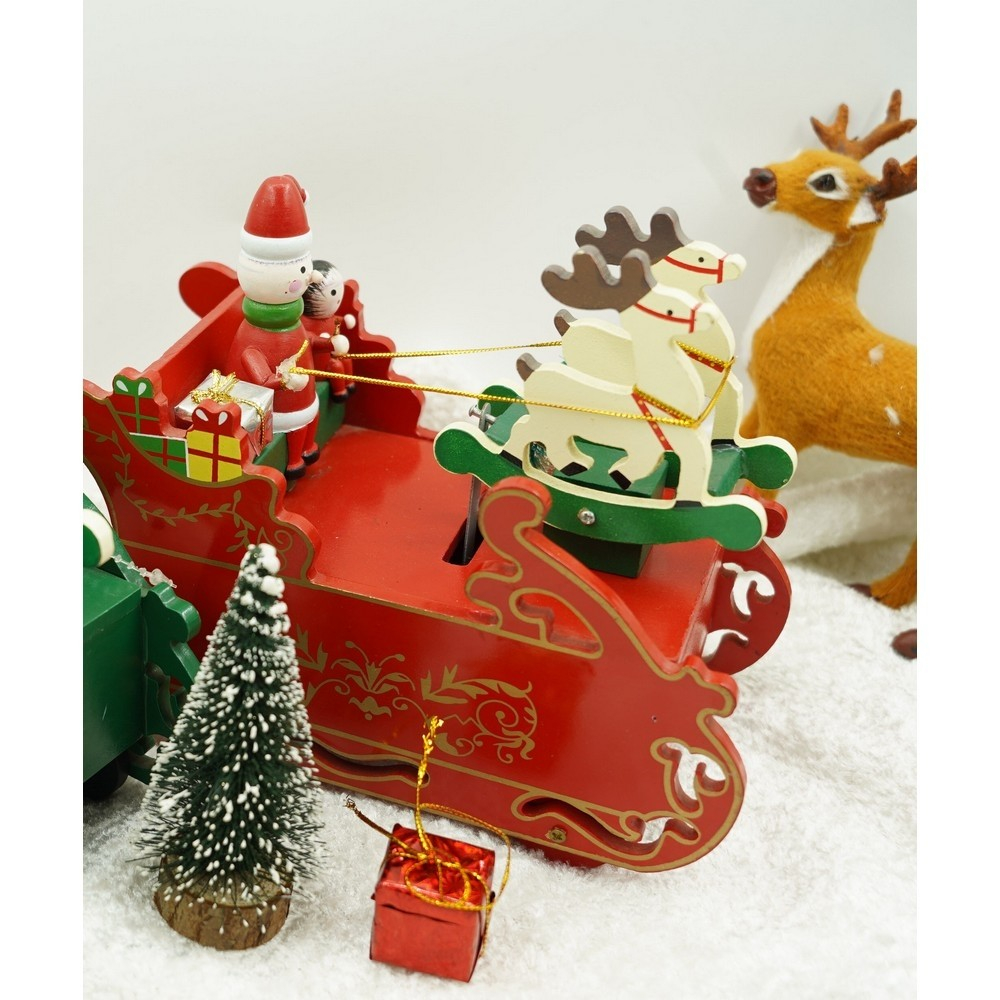 Cutiuta muzicala decorata, Sania lui Mos Craciun, Rosu, din Lemn, 16 cm x 18.5 cm [3]