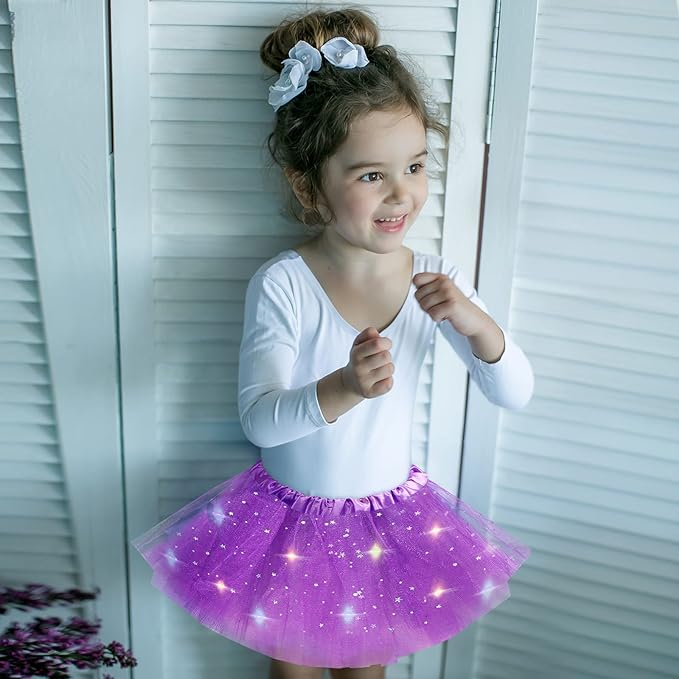 Fusta LED pentru Copii, de Balet pentru Fetite cu Luminite Multicolore Incorporate, Model Stelute, 30 cm Lungime, Alb [4]