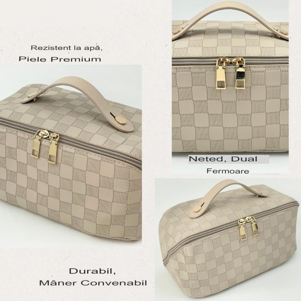 Geantă de Călătorie pentru Cosmetice, Piele Ecologică, Compartimente Multiple, Crem [5]