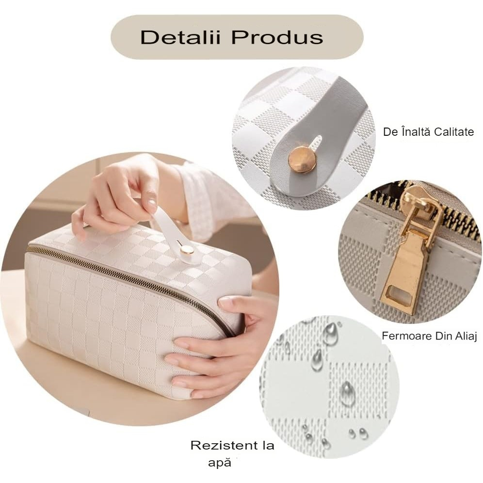 Geantă de Călătorie pentru Cosmetice, Piele Ecologică, Compartimente Multiple, Crem [4]