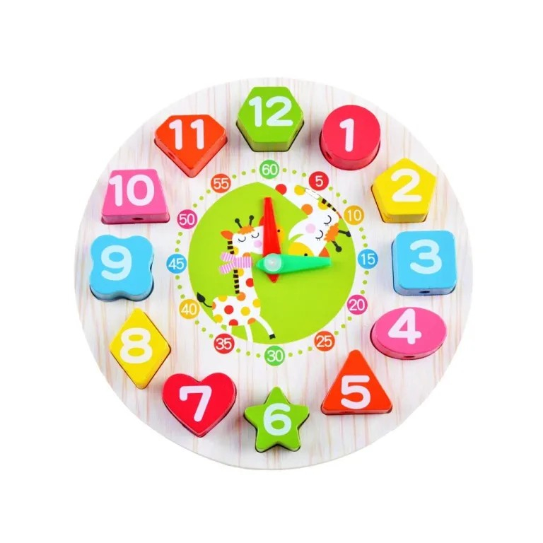 Jucărie Educativă Montessori, Ceas Girafă din Lemn, 12 Piese, 17 cm [1]