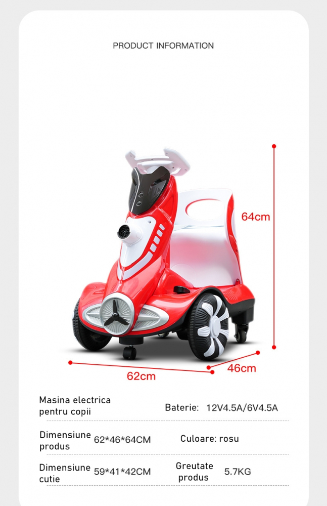 Mașinuță Electrică cu Telecomandă pentru Copii, Roți Spate Rotire 360°, Baloane de Săpun, Lumini și Sunete, Roșie [4]