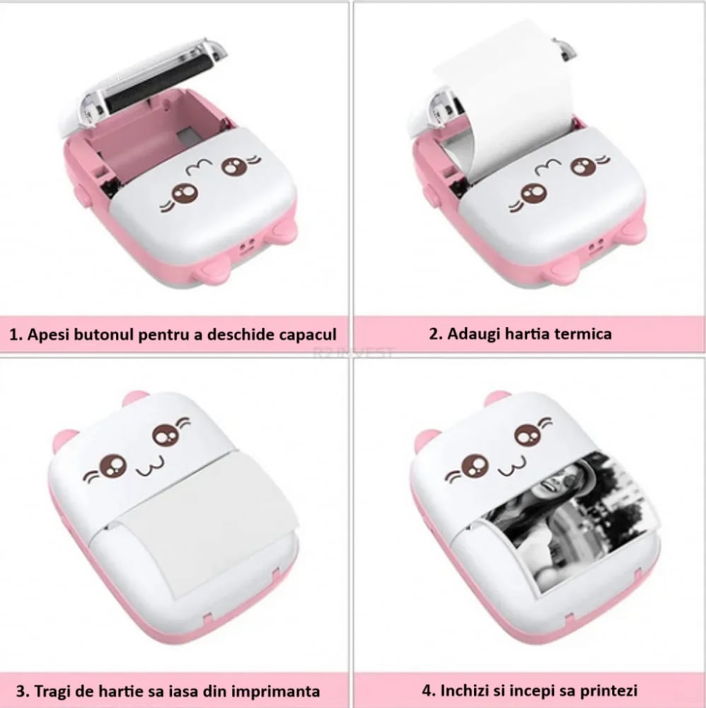 Mini Imprimanta Foto Portabila, Incarcare USB, Bluetooth, Model Pisicuta, Print Alb-Negru, Albastru [4]