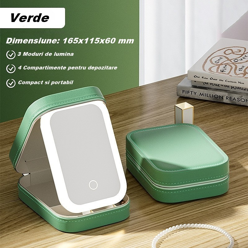 Portfard cu Oglindă LED, Încărcare USB, Verde, 16.5x11.5x6 cm [2]