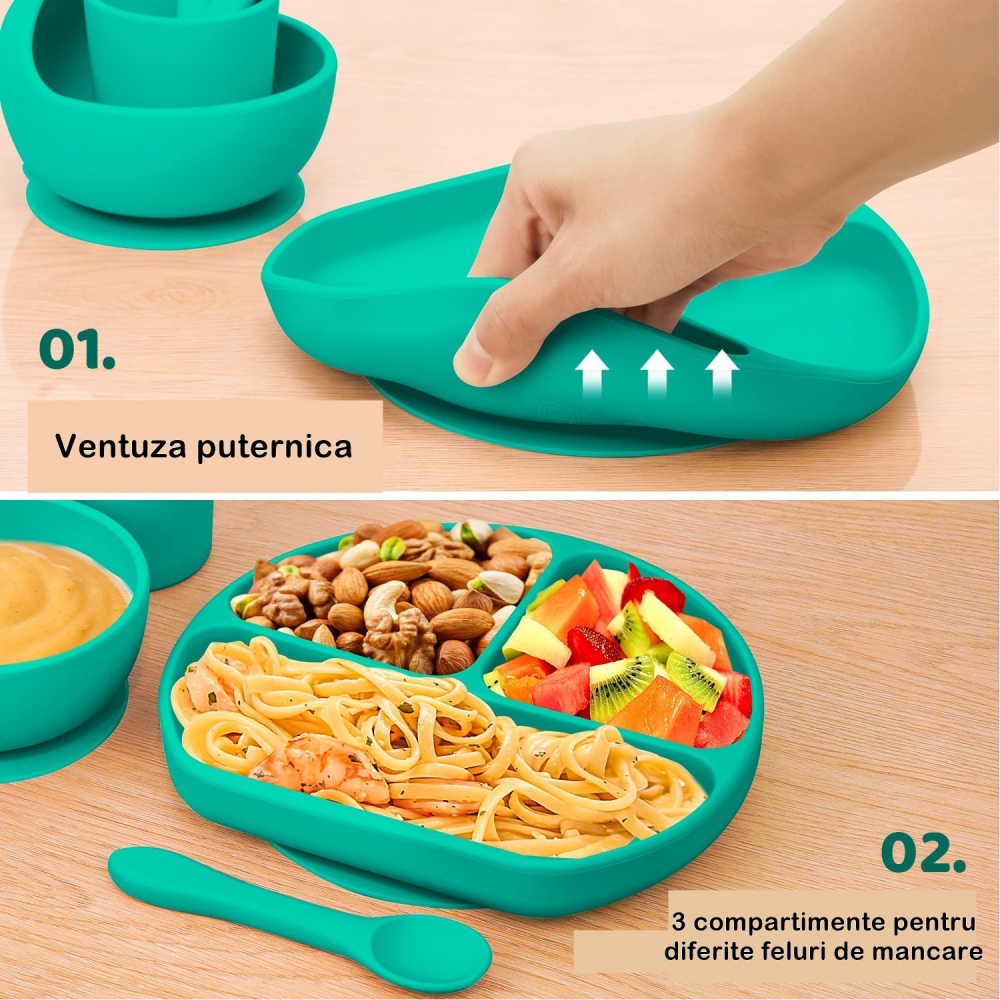 Set 5 Piese Diversificare Bebeluși – Bavetă, Farfurie și Bol cu Ventuză, Verde [4]