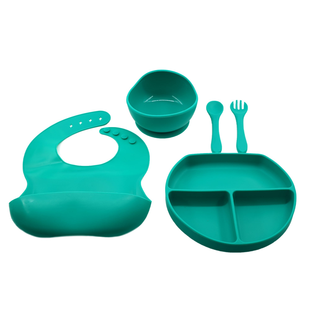 Set 5 Piese Diversificare Bebeluși – Bavetă, Farfurie și Bol cu Ventuză, Verde [1]