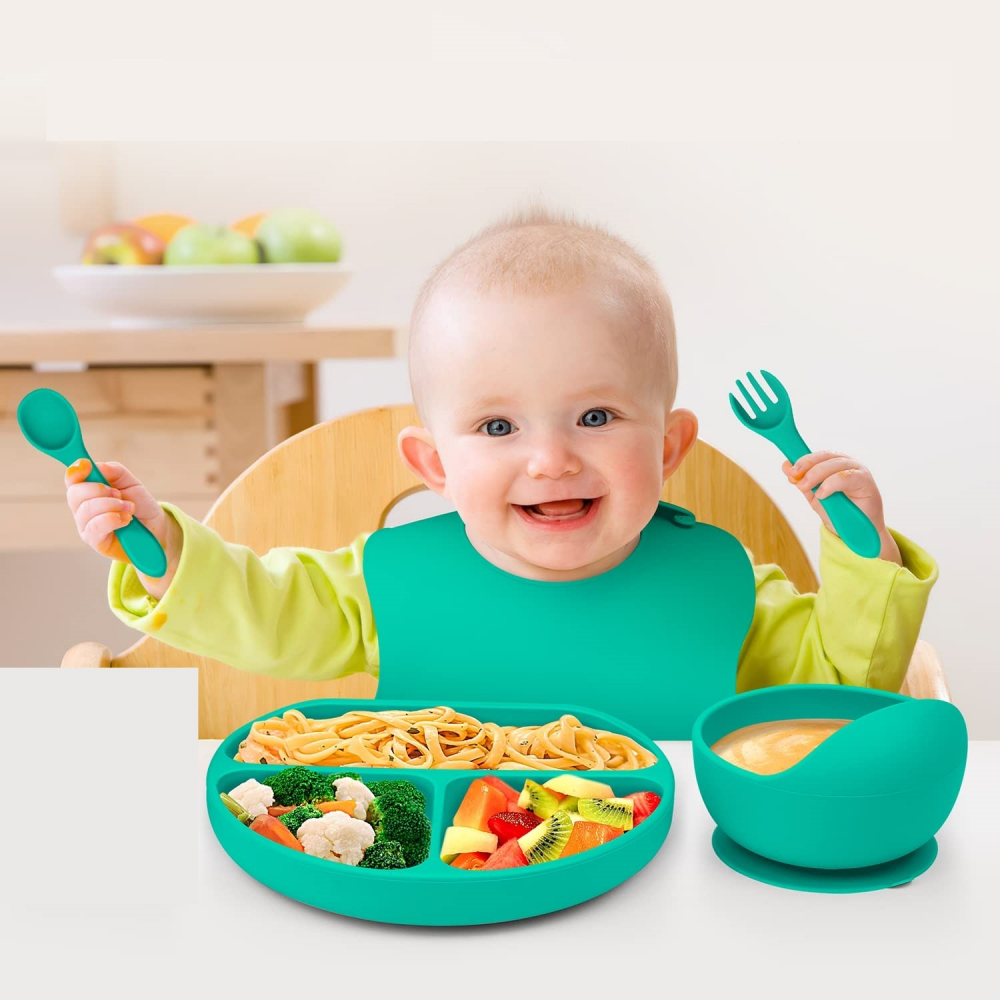 Set 5 Piese Diversificare Bebeluși – Bavetă, Farfurie și Bol cu Ventuză, Verde [5]