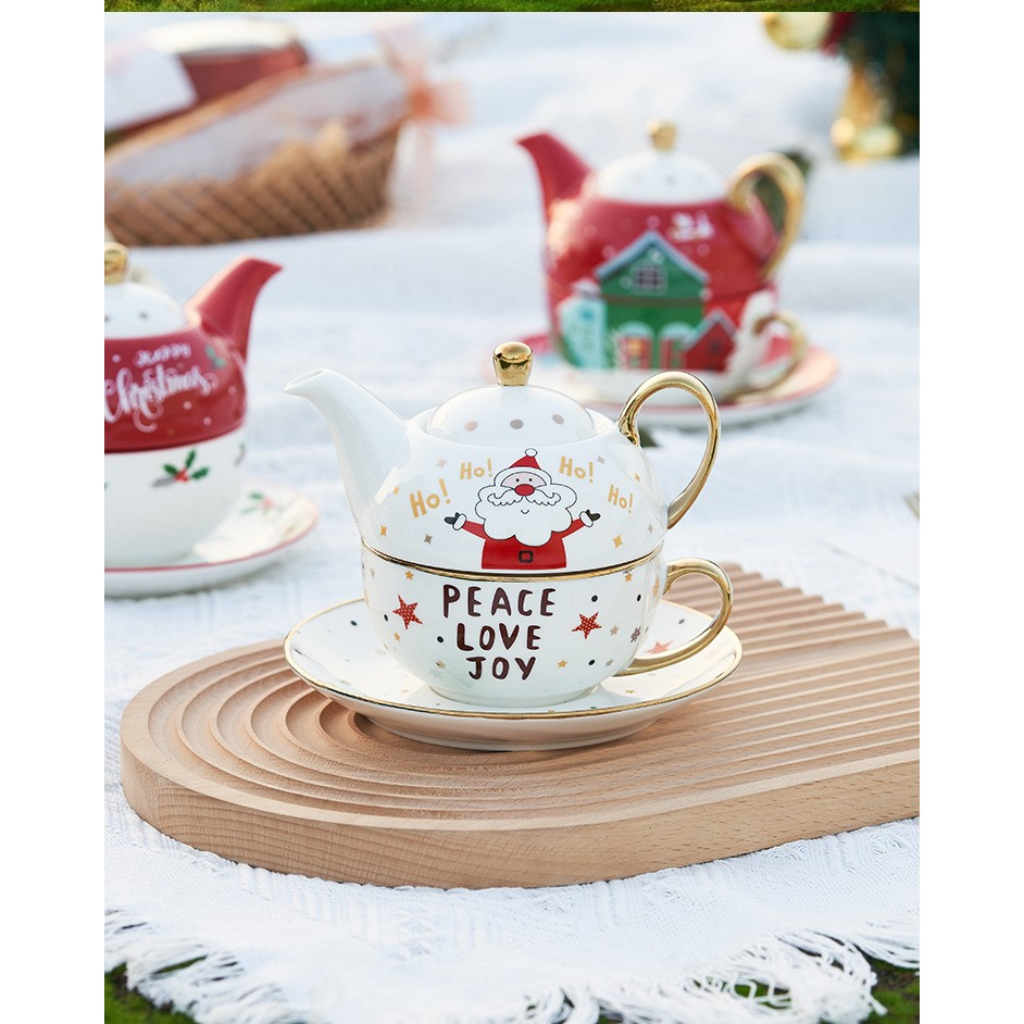 Set de Ceai, Tema Craciun, Ceainic 420 ml, Cana 310 ml, Farfurie, din Portelan, Model Mos Craciun, Alb [6]