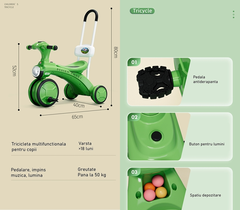 Tricicletă pentru Copii cu Pedale Antiderapante, Lumini și Sunete, Verde [2]