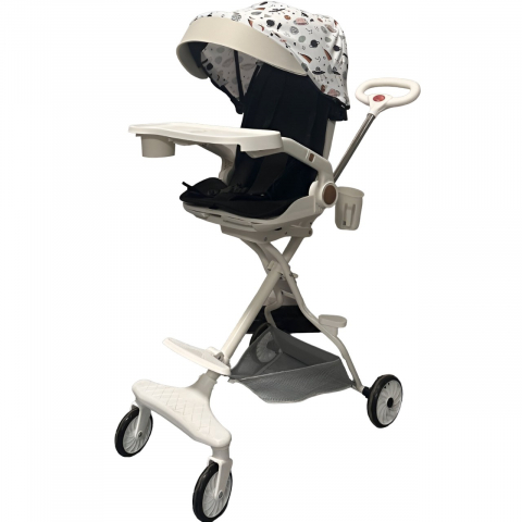 Carucior Sport 3in1 Reversibil, Pliabil, Cu Tavita pentru Masa, Pozitie de Somn, Roti 360, Bej [4]