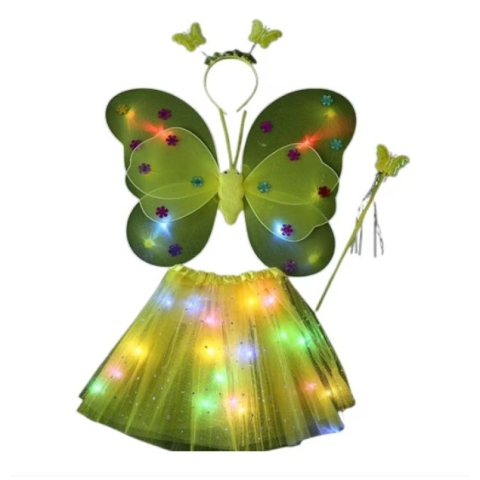 Fuste fete - Costum Fluturas cu Aripi Modelabile Luminoase pentru Copii, Fusta din Tul cu Lumini, Bagheta si Bentita, 4 piese, Bumbac/Poliester, Marime universala, Galben