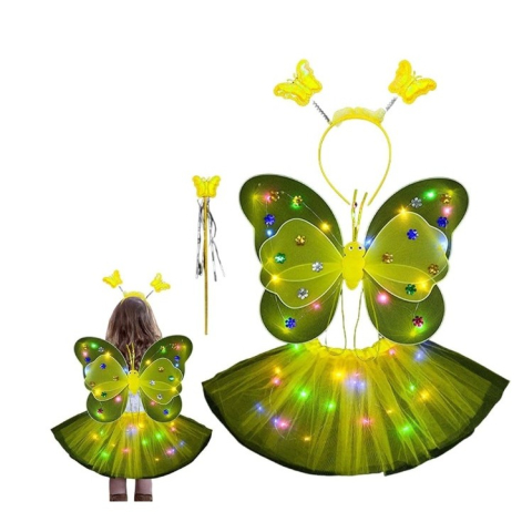 Costum Fluturas cu Aripi Modelabile Luminoase pentru Copii, Fusta din Tul cu Lumini, Bagheta si Bentita, 4 piese, Bumbac/Poliester, Marime universala, Galben [1]