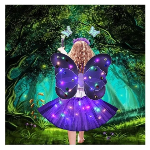 Costum Fluturas cu Aripi Modelabile Luminoase pentru Copii, Fusta din Tul cu Lumini, Bagheta si Bentita, 4 piese, Bumbac/Poliester, Marime universala, Mov [1]