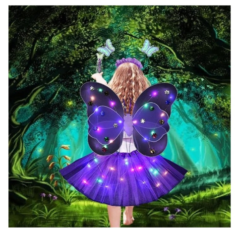 Costum Fluturas cu Aripi Modelabile Luminoase pentru Copii, Fusta din Tul cu Lumini, Bagheta si Bentita, 4 piese, Bumbac/Poliester, Marime universala, Roz [4]