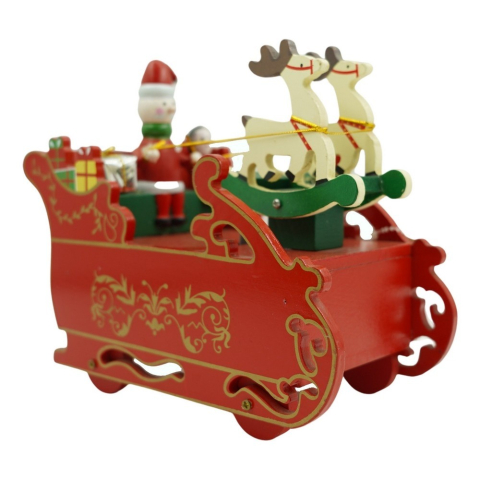 Casă și Decor - Cutiuta muzicala decorata, Sania lui Mos Craciun, Rosu, din Lemn, 16 cm x 18.5 cm