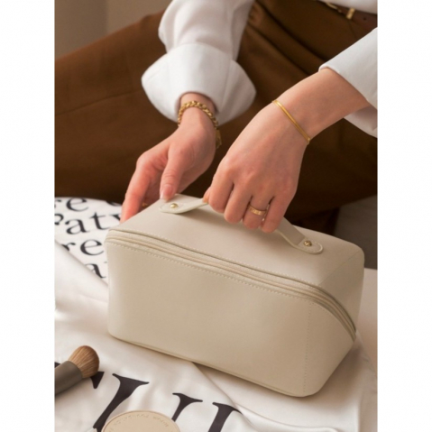 Geantă de Călătorie pentru Cosmetice, Piele Ecologică, Compartimente Multiple, Crem [6]