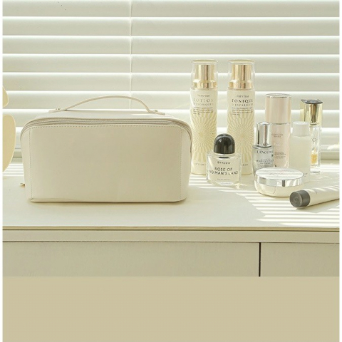 Geantă de Călătorie pentru Cosmetice, Piele Ecologică, Compartimente Multiple, Crem [2]