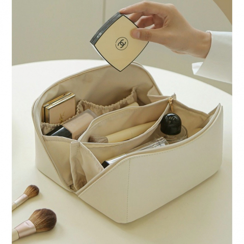 Geantă de Călătorie pentru Cosmetice, Piele Ecologică, Compartimente Multiple, Crem [4]