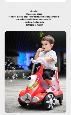 Mașinuță Electrică cu Telecomandă pentru Copii, Roți Spate Rotire 360°, Baloane de Săpun, Lumini și Sunete, Roșie [1]