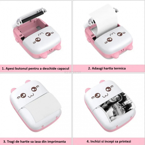 Mini Imprimanta Foto Portabila, Incarcare USB, Bluetooth, Model Pisicuta, Print Alb-Negru, Albastru [3]