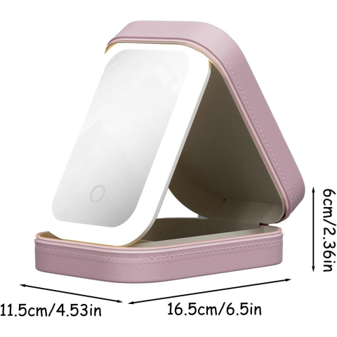 Portfard Geanta Cosmetice, cu Oglinda LED, 3 Moduri de Lumina, Incarcare USB, Baterie 1200 mAh, pentru Organizarea Cosmeticelor, 4 Compartimente, Imitatie Piele, Roz, 16.5x11.5x6 cm [2]
