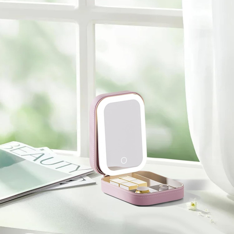 Portfard Geanta Cosmetice, cu Oglinda LED, 3 Moduri de Lumina, Incarcare USB, Baterie 1200 mAh, pentru Organizarea Cosmeticelor, 4 Compartimente, Imitatie Piele, Roz, 16.5x11.5x6 cm [3]