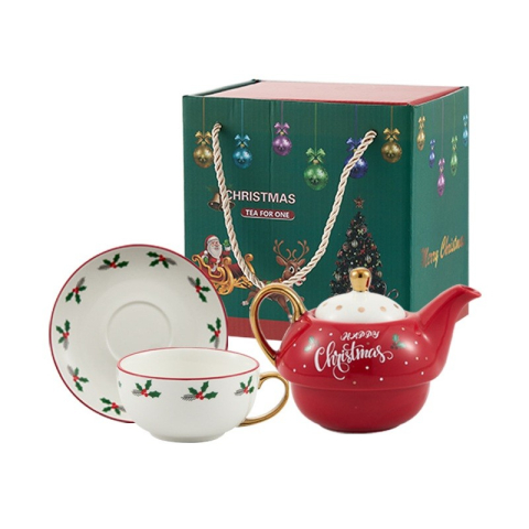 Casă și Decor - Set de Ceai, Tema Craciun, Ceainic 420 ml, Cana 310 ml, Farfurie, din Portelan, Model Happy Christmas, Rosu