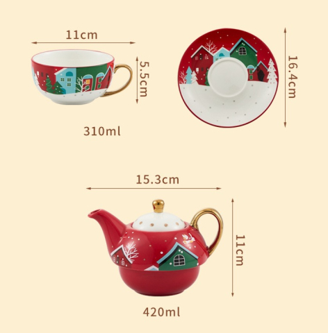 Set de Ceai, Tema Craciun, Ceainic 420 ml, Cana 310 ml, Farfurie, din Portelan, Model Mos Craciun, Alb [6]