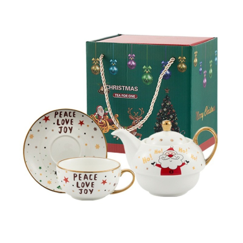 Decoruri de Crăciun - Set de Ceai, Tema Craciun, Ceainic 420 ml, Cana 310 ml, Farfurie, din Portelan, Model Mos Craciun, Alb