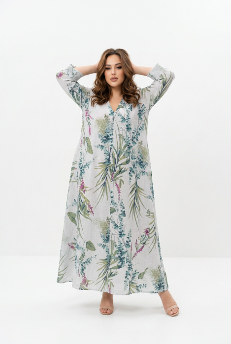 Rochie maxi din in cu imprimeu botanic, alba [2]