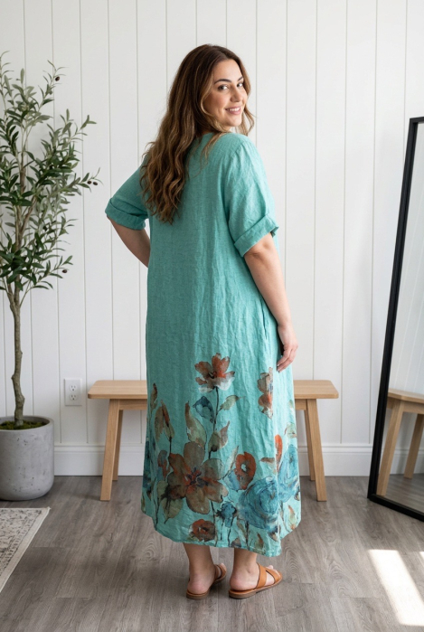Rochie lunga maxi din in , cu imprimeu floral pictat, turcoaz [2]