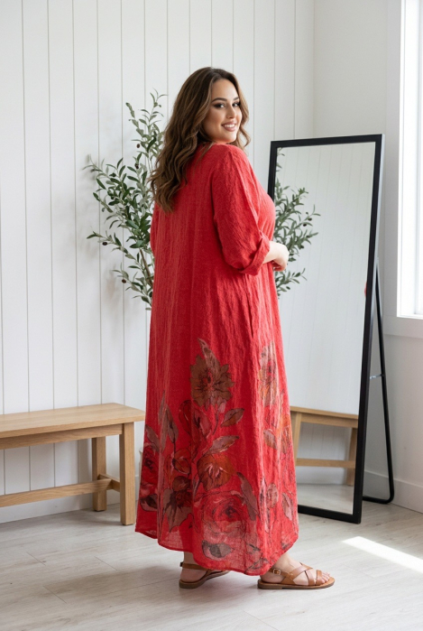 Rochie lunga maxi din in , cu imprimeu floral pictat, rosie [2]