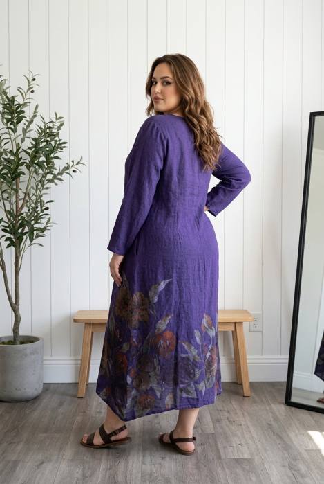 Rochie lunga maxi din in , cu imprimeu floral pictat, mov [3]