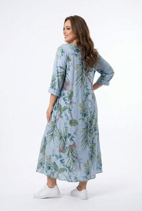 Rochie maxi bleu din in cu imprimeu botanic [3]