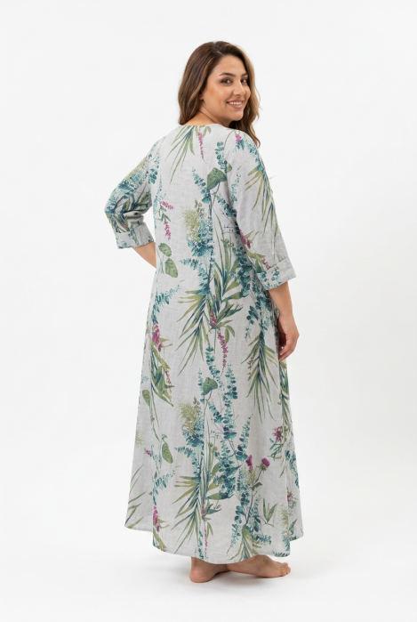 Rochie maxi din in cu imprimeu botanic, alba [3]