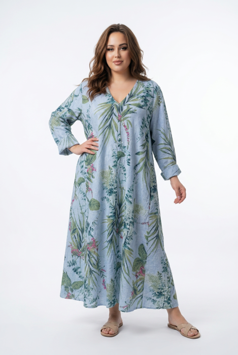 Rochie maxi bleu din in cu imprimeu botanic [2]