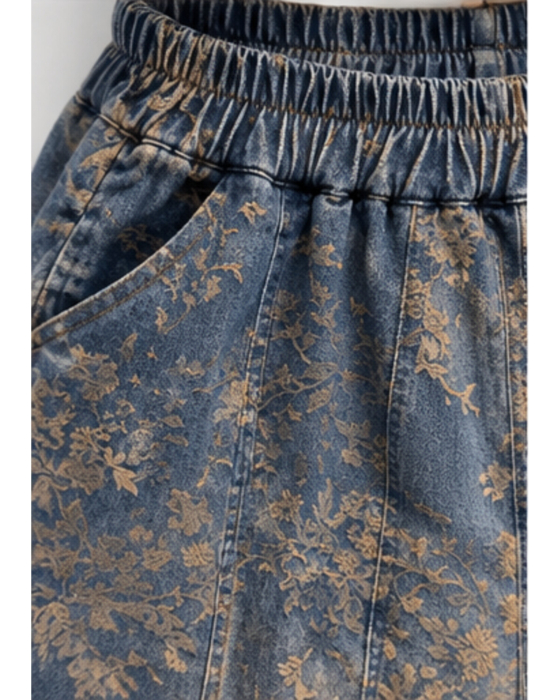 Blugi damă tip balon din denim albastru cu imprimeu floral vintage [3]
