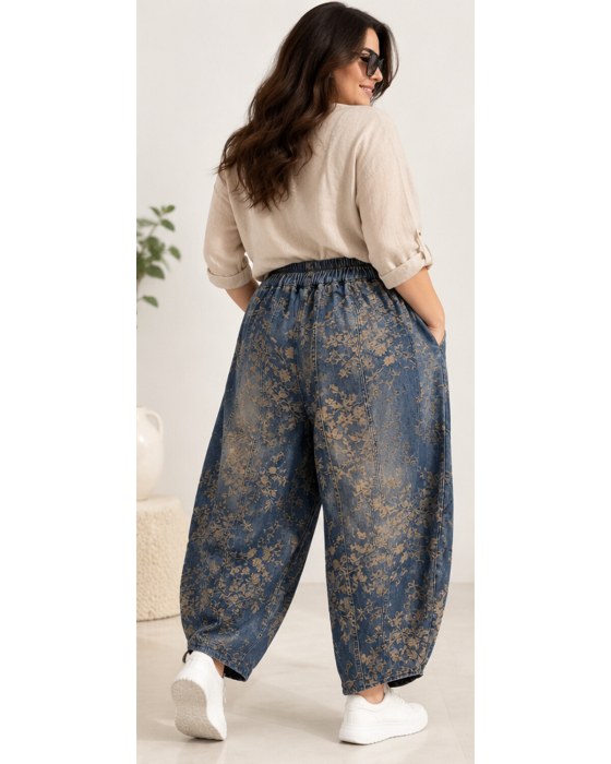 Blugi damă tip balon din denim albastru cu imprimeu floral vintage [2]
