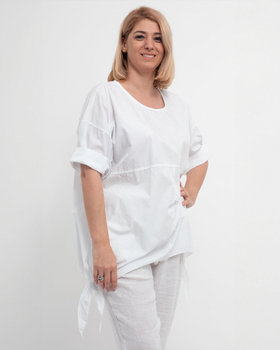 Bluză albă casual din bumbac cu funde laterale și mâneci suflecate [3]