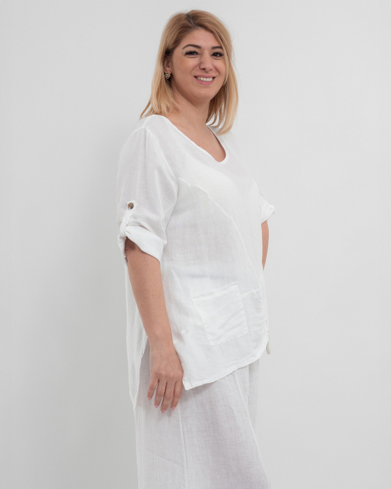 Bluza alba din in cu maneci trei sferturi si buzunare [4]