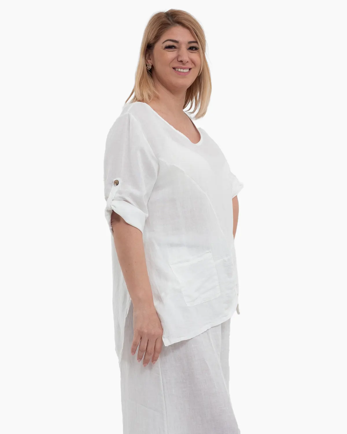 Bluza alba din in cu maneci trei sferturi si buzunare [4]