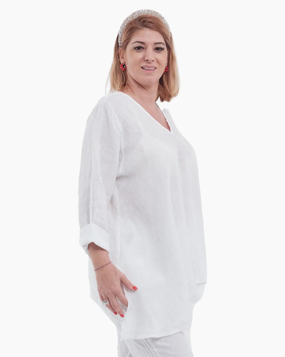 Bluză albă din in natural cu achior și croială asimetrică casual-chic [3]