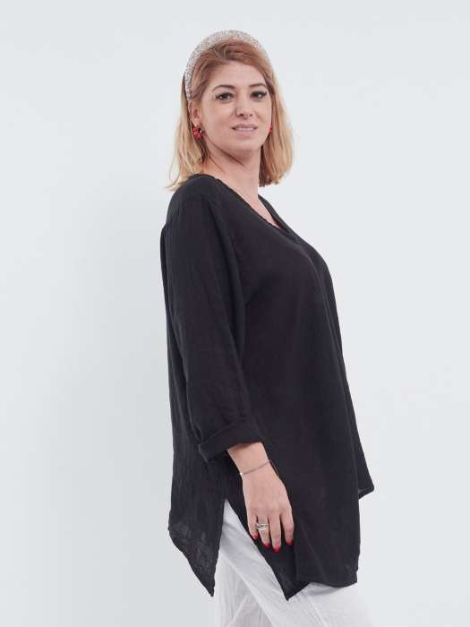 Bluză neagră elegantă din in cu achior, croială asimetrică și decolteu în V [3]