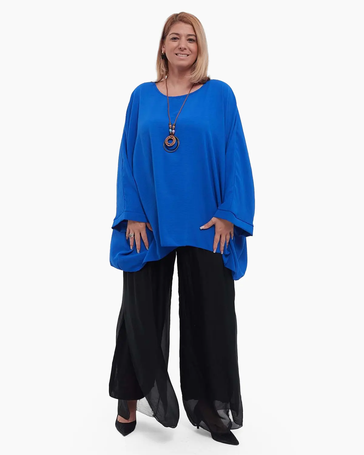 Bluză albastră casual fluidă din vâscoză mărime unică plus-size cu mâneci dolman și colier [4]