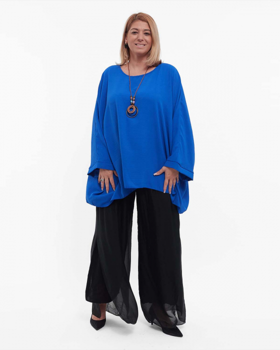 Bluză albastră casual fluidă din vâscoză mărime unică plus-size cu mâneci dolman și colier [4]