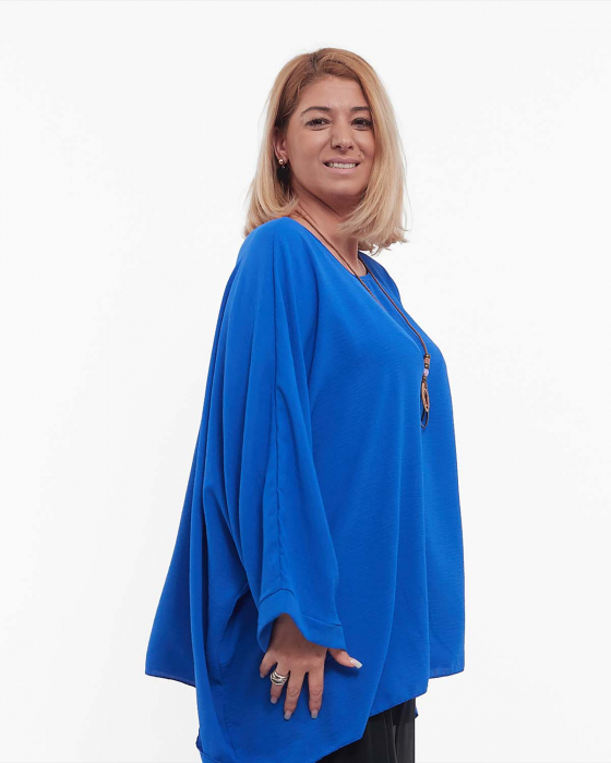 Bluză albastră casual fluidă din vâscoză mărime unică plus-size cu mâneci dolman și colier [3]
