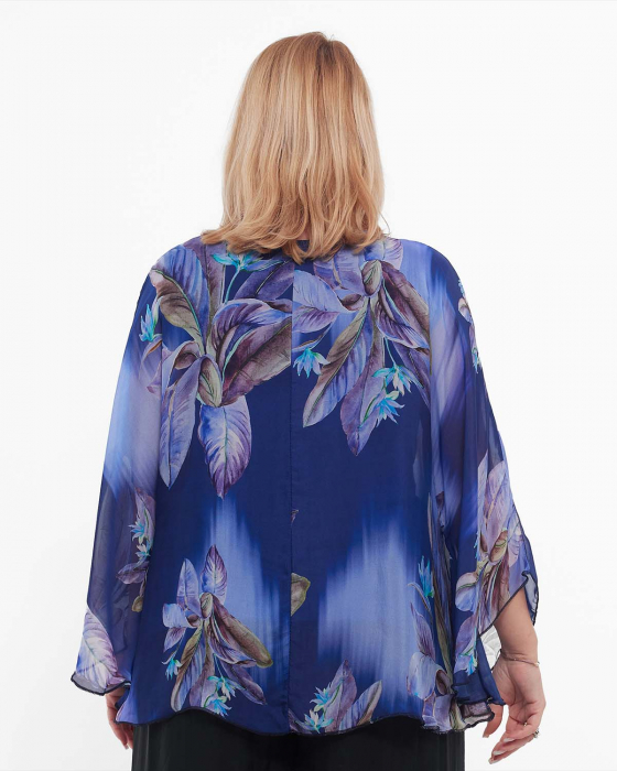 Bluză albastră vaporoasă stil kimono cu imprimeu floral [2]