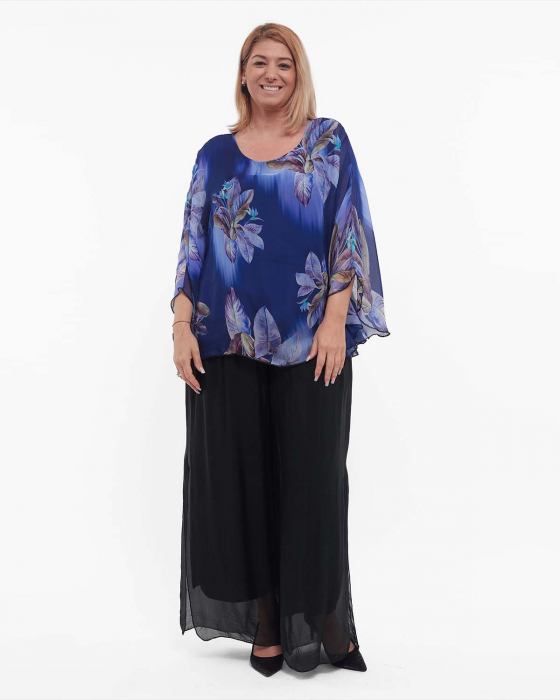 Bluză albastră vaporoasă stil kimono cu imprimeu floral [4]